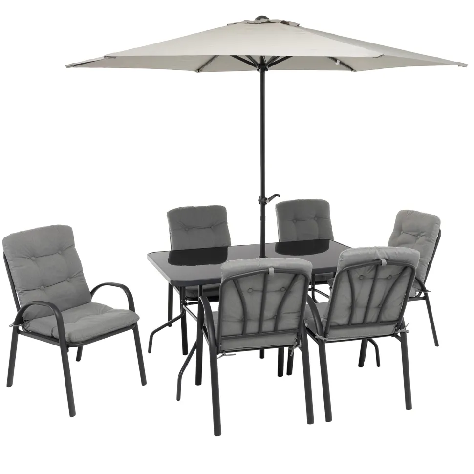 Set Tavolo da Giardino 6 Sedie con Ombrellone Grigio