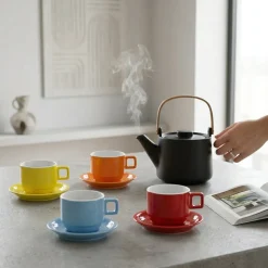 Set 4 Tazze con Piattini in Stoneware Colorate 30 cl