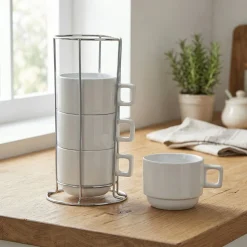 Set Tazze in Stoneware 4+1 con Stand in Metallo 32 cl