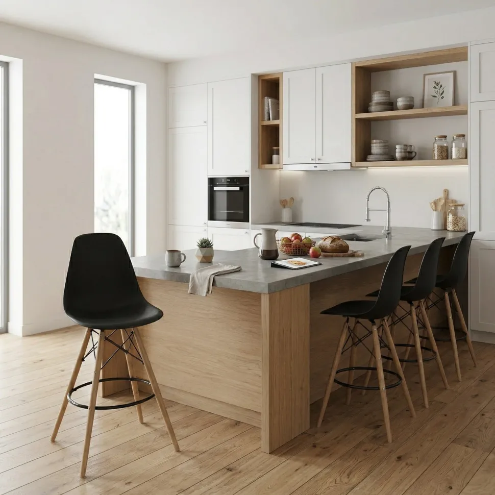 Sgabello Nordica in Polipropilene Nera con gambe in legno