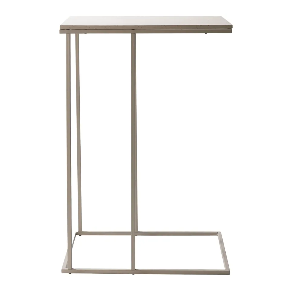 Tavolino a forma di C in metallo e MDF effetto Marmo Sabbia