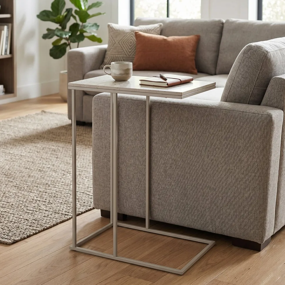 Tavolino a forma di C in metallo e MDF effetto Marmo Sabbia