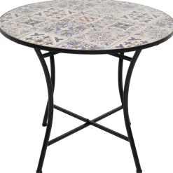 Tavolo Tondo in metallo nero con top maioliche Blu