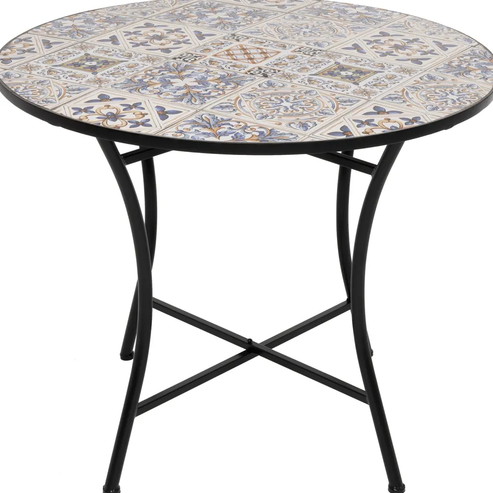 Tavolo Tondo in metallo nero con top maioliche Blu