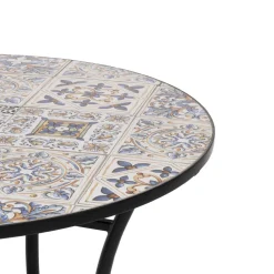 Tavolo Tondo in metallo nero con top maioliche Blu