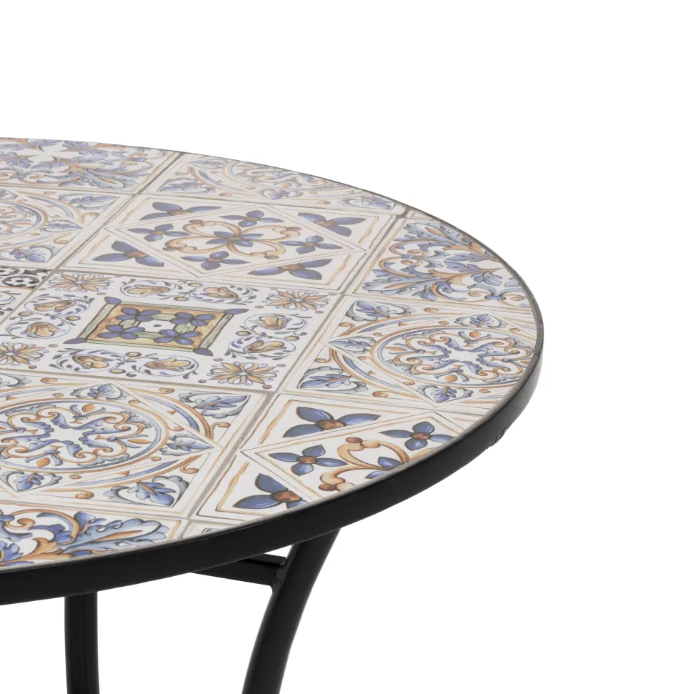 Tavolo Tondo in metallo nero con top maioliche Blu