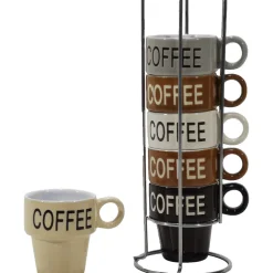 Tazzine da caffè 6 pezzi in stoneware con stand in metallo cromato 9 cl