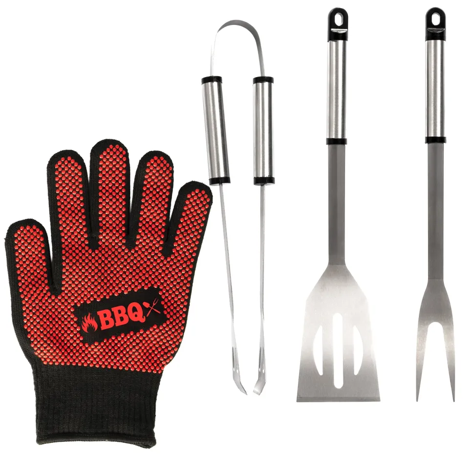 Valigetta Set Barbecue 4 Pezzi in Acciaio Inox con Guanto Termico