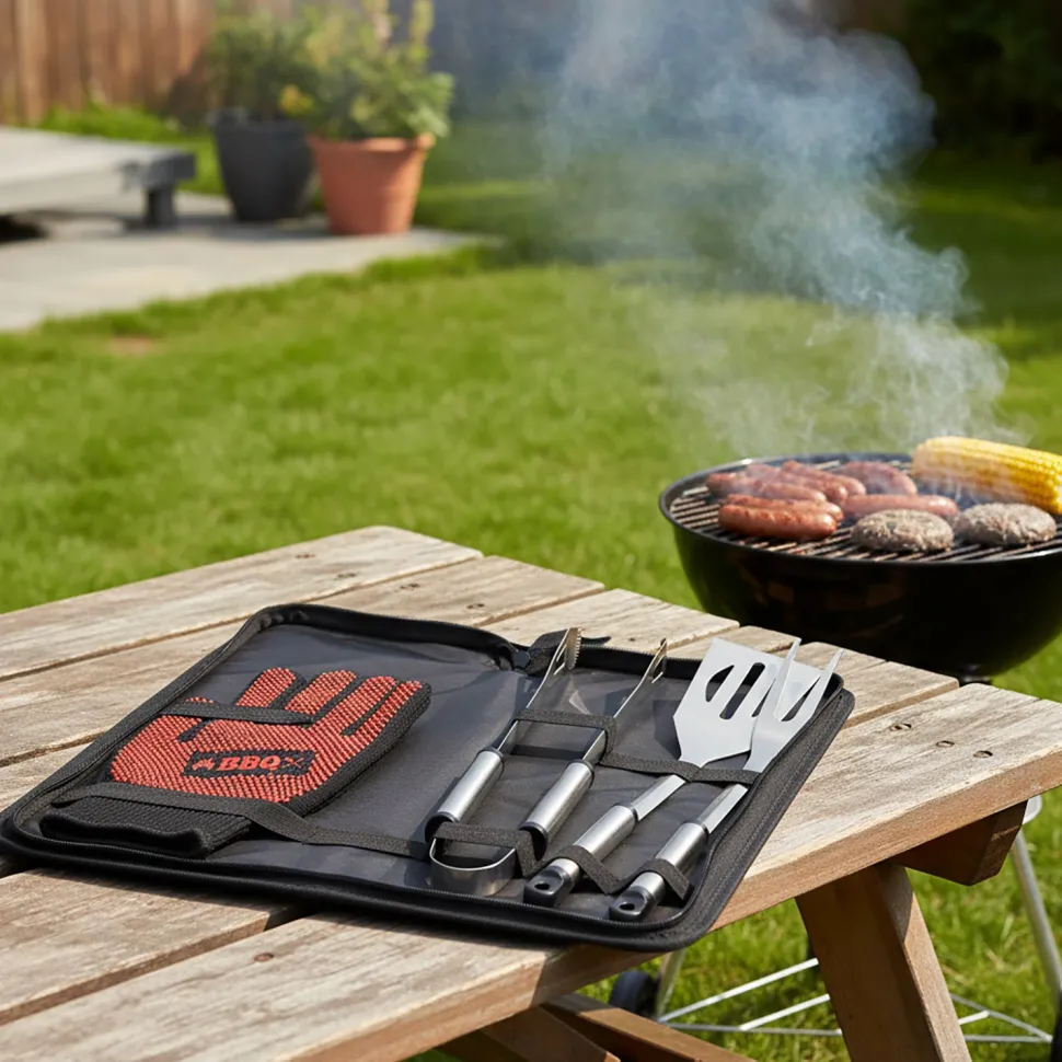 Valigetta Set Barbecue 4 Pezzi in Acciaio Inox con Guanto Termico