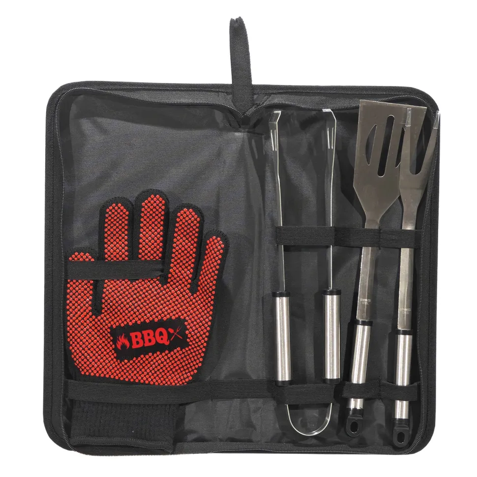 Valigetta Set Barbecue 4 Pezzi in Acciaio Inox con Guanto Termico
