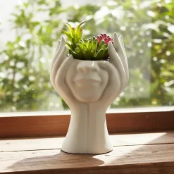Vaso con Pianta Artificiale Mani Decorativa in Cemento h20 cm