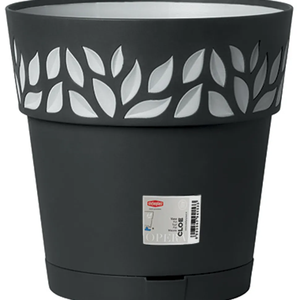 Vaso decorato Cloe in plastica grafite con riserva d'acqua